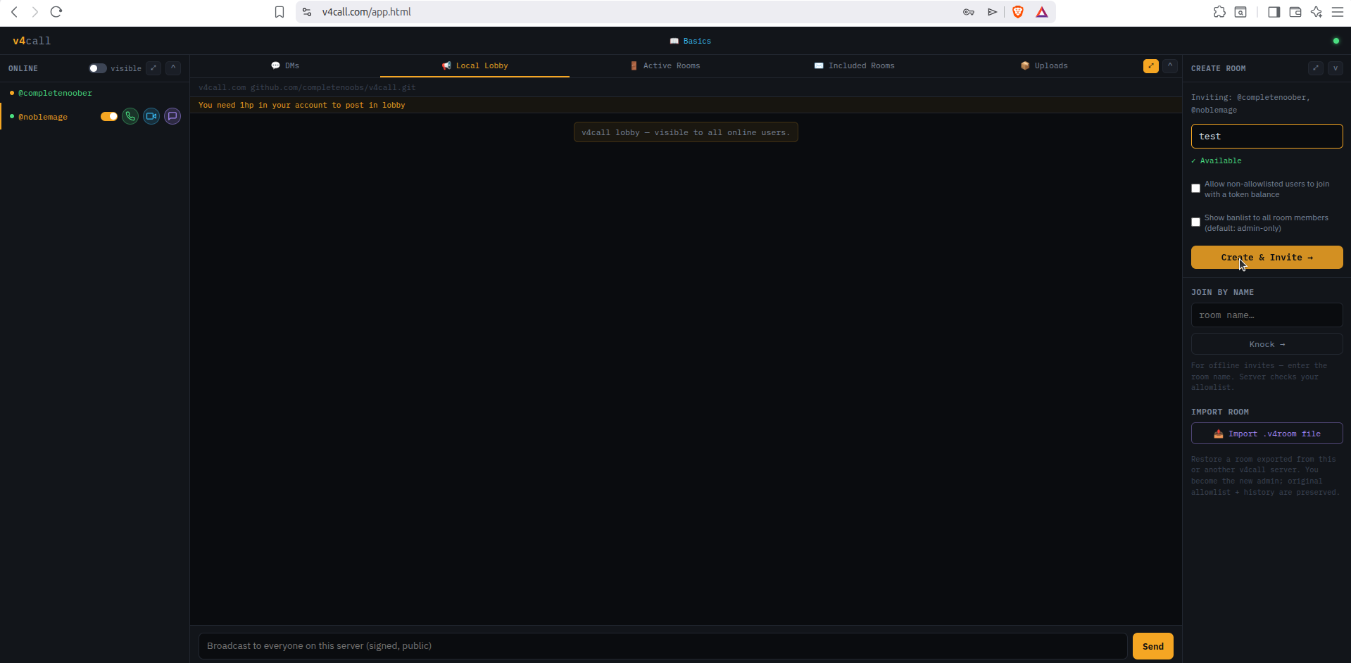 Create room form with users toggled for invite