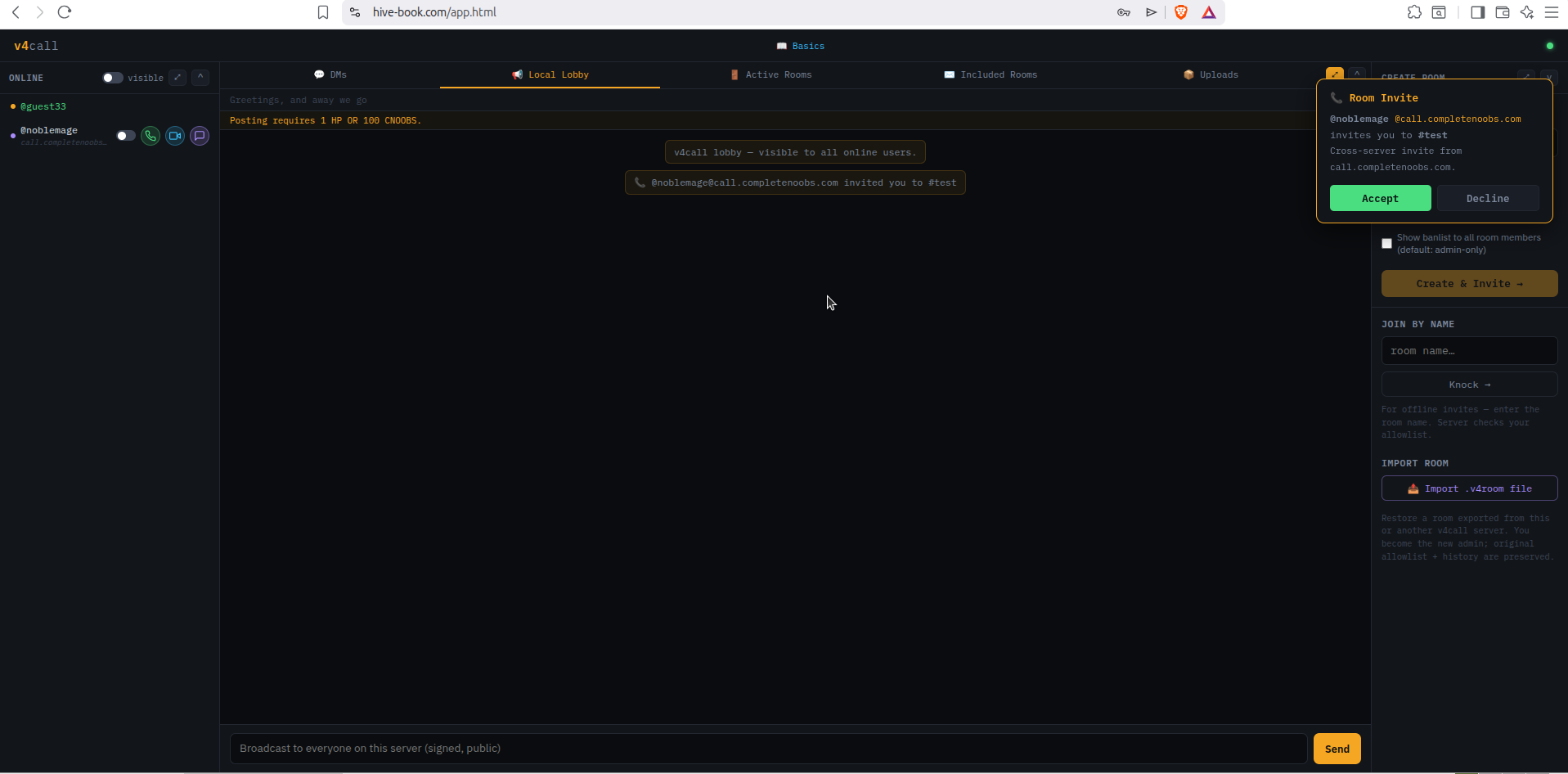 Cross-federation room invite popup on the receiving end