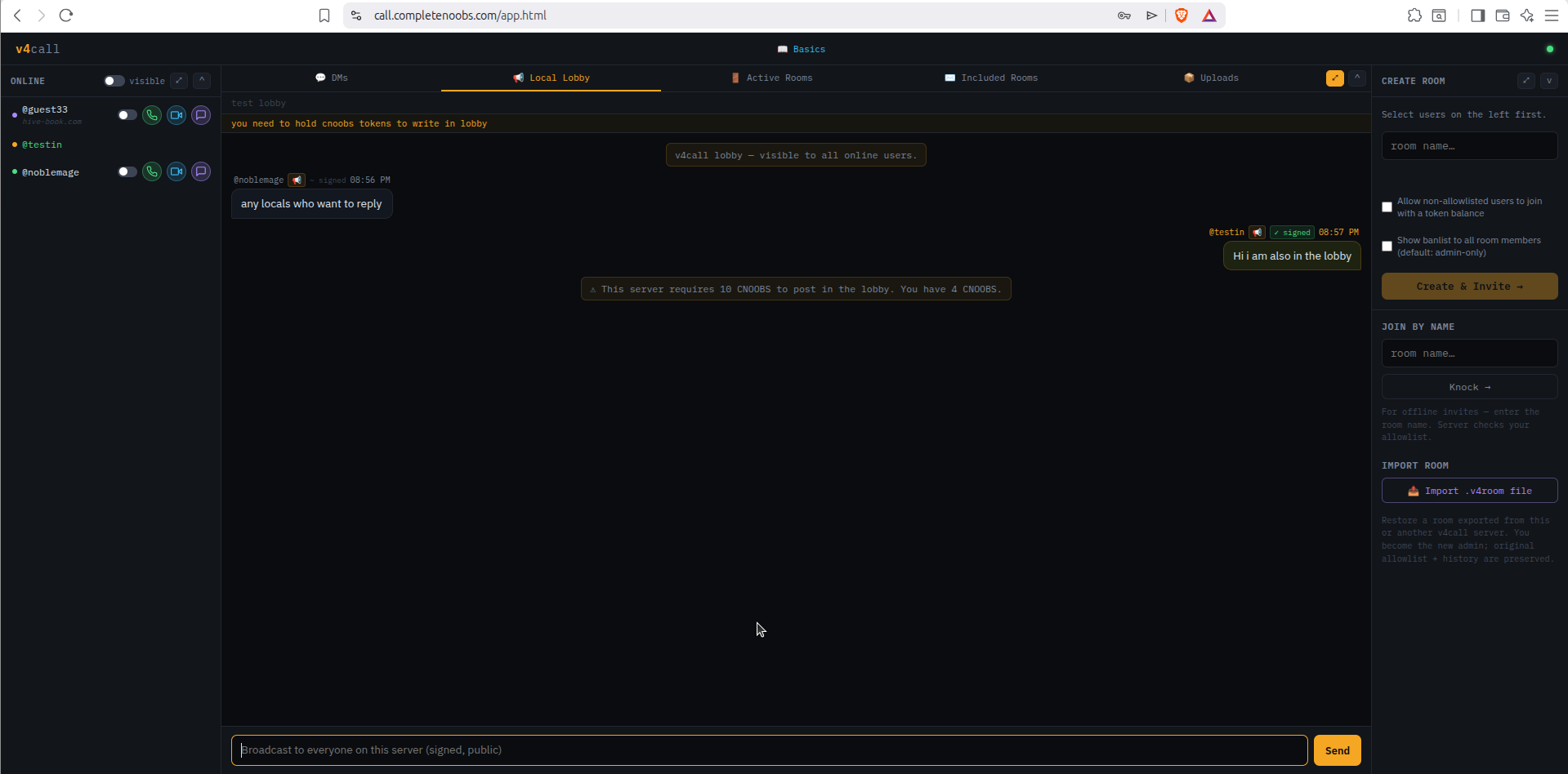 Lobby restrictions: only accounts holding 10+ CNOOBS can post