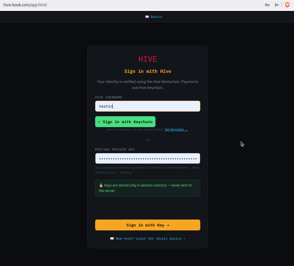 v4call login screen with username and posting key fields