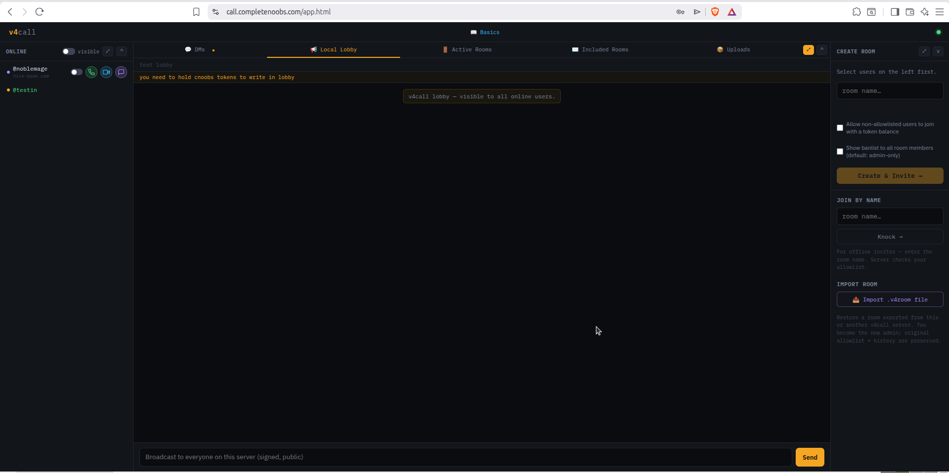 v4call main page after login, showing lobby and online users