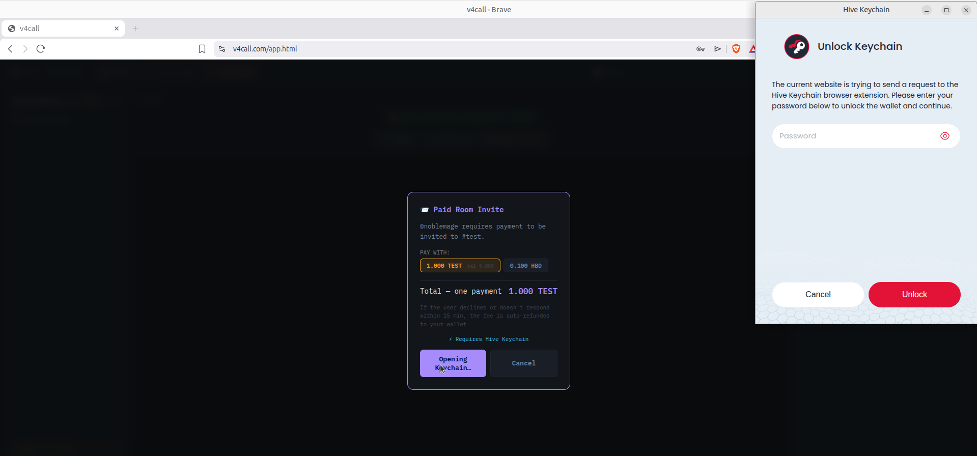 Pay-and-invite popup with token choices
