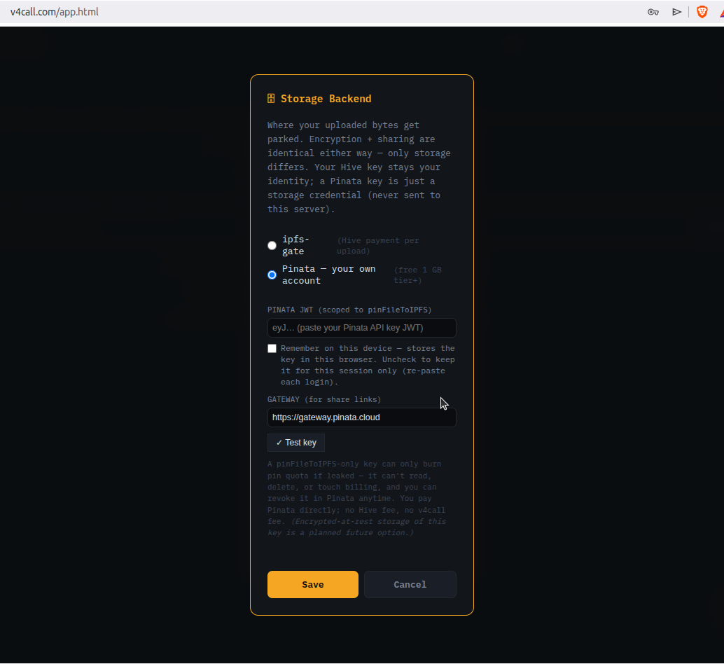 Pinata JWT login and test in v4call