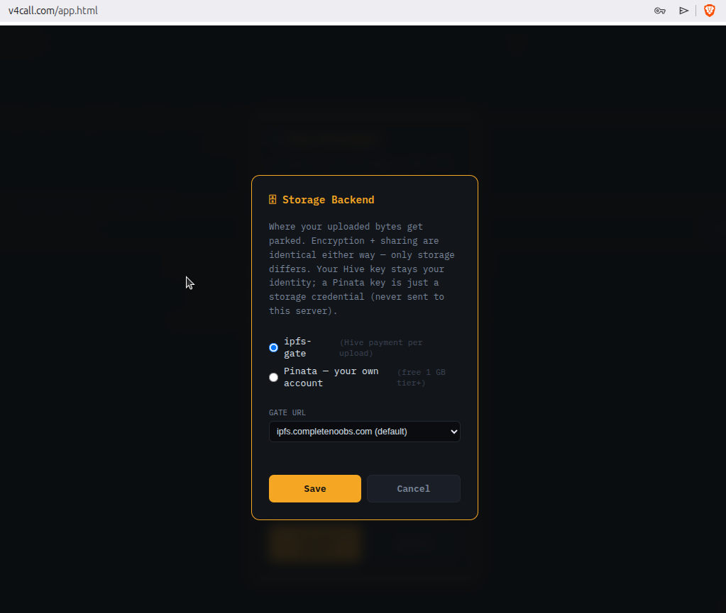 Storage backend picker, choose Pinata or IPFS-Gate