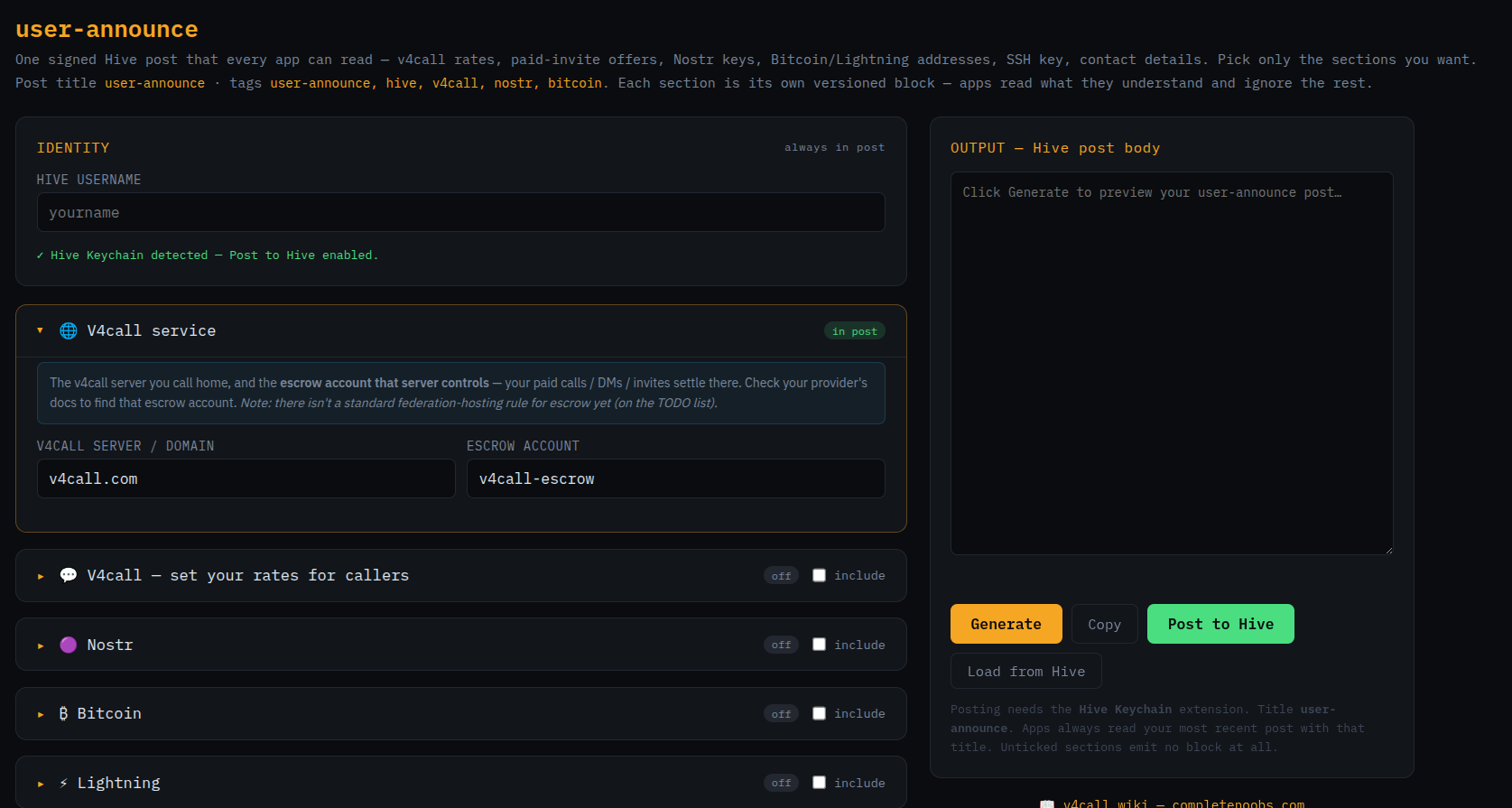 user-announce screen: identity and v4call service sections