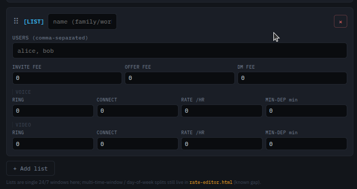 Custom LIST block with name, USERS field and fee schedule