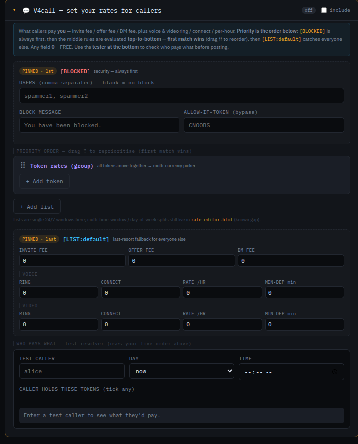 Rates section with BLOCKED, priority list, and default LIST rows