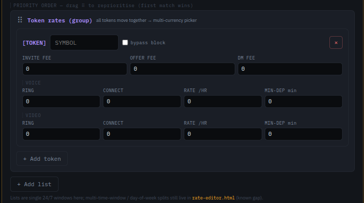 Token rates block with SYMBOL field and per-token fees